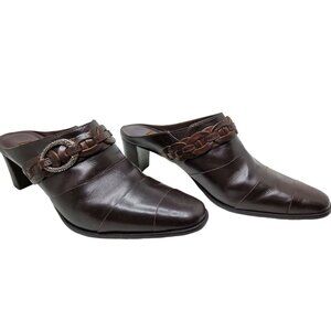 brighton "tamia" brown leather block heel slide on mules